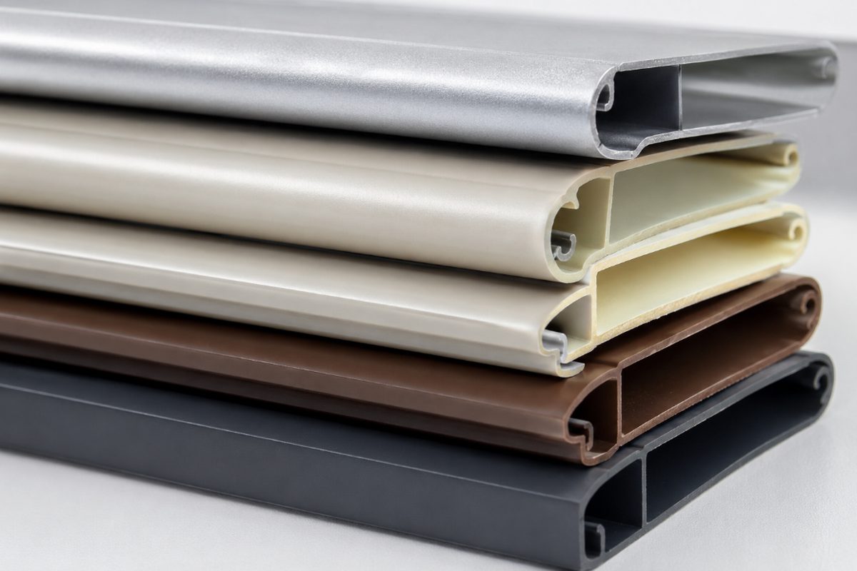 Lamas de persiana de aluminio y PVC en distintos colores apiladas