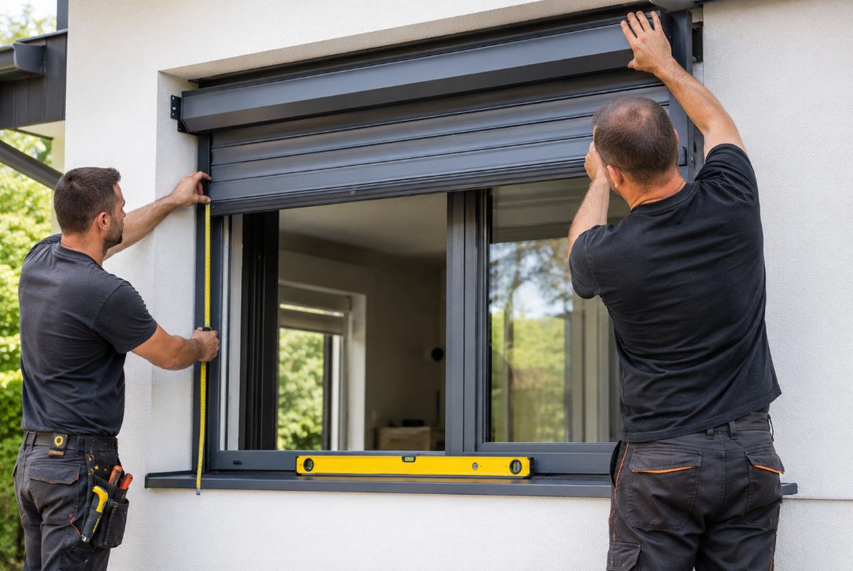 Dos técnicos midiendo e instalando una persiana de aluminio a medida en una ventana