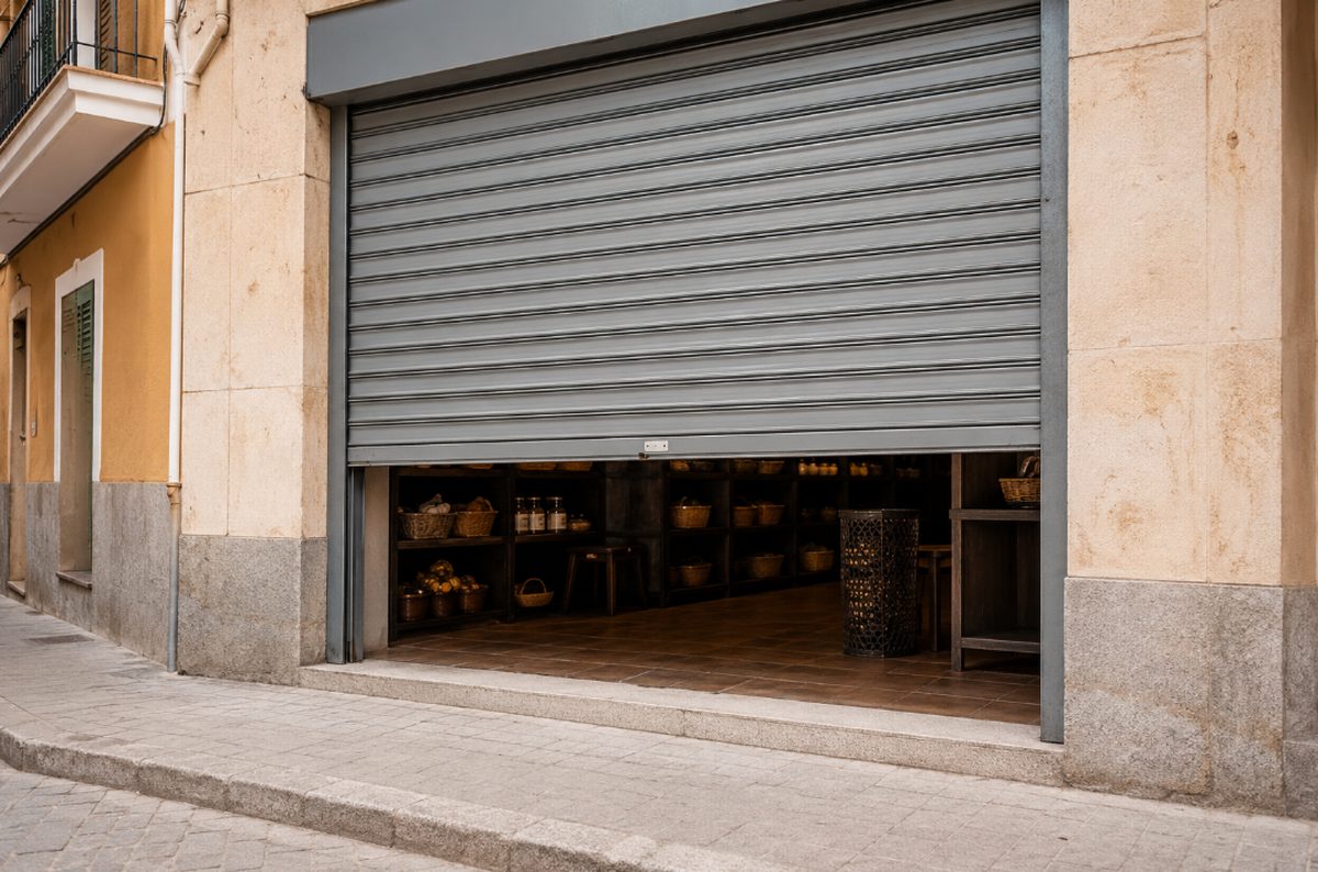 Cierre metálico enrollable medio subido en la entrada de un comercio